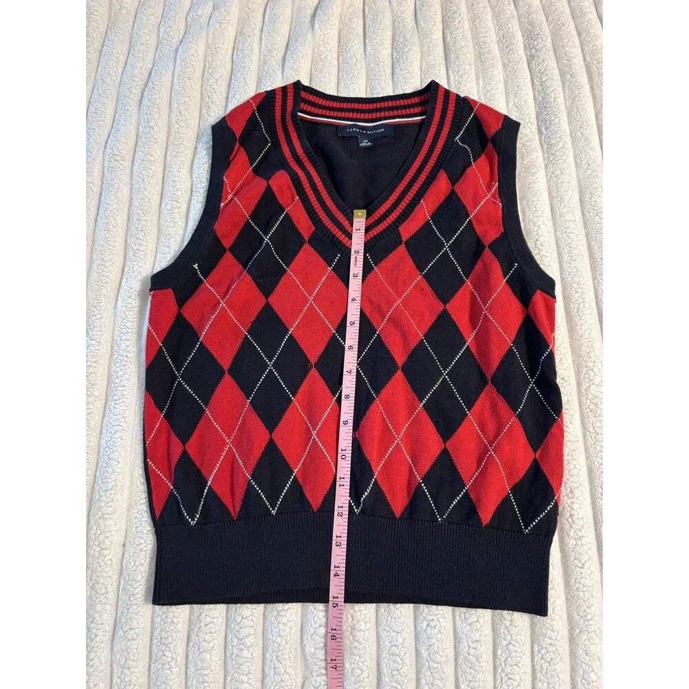 Tommy Hilfiger Argyle Sweater Vest Small Navy Blue Red Preppy Knit Academia
